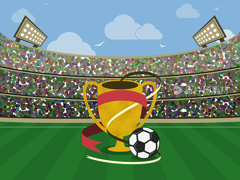 足球场和金杯，红丝带和球。足球领域。矢量插图。
