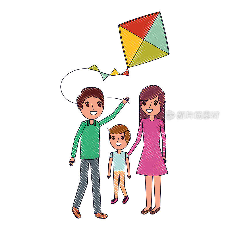 爸爸妈妈和儿子一起玩风筝