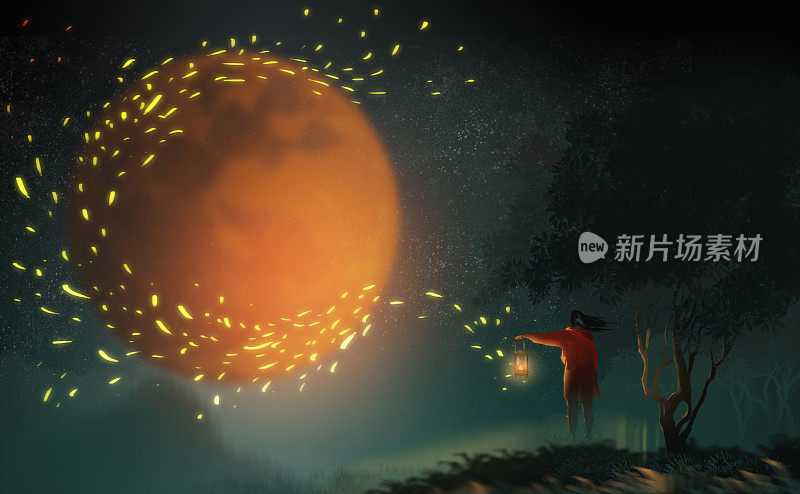 数字插画艺术绘画风格的一个长发美女举着灯站在山上，大红色的月亮和强风给灯在午夜天空有许多火尘。