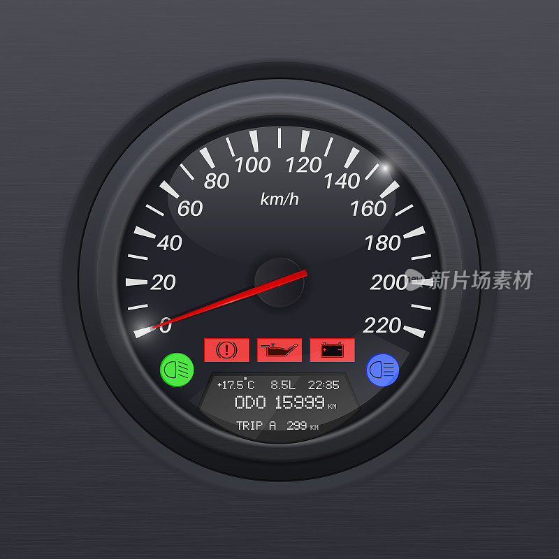 速度计。黑色的速度计。经典汽车电脑仪表盘