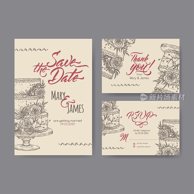 三套原始的吸引人的婚礼卡片基于蛋糕素描和毛笔书法。