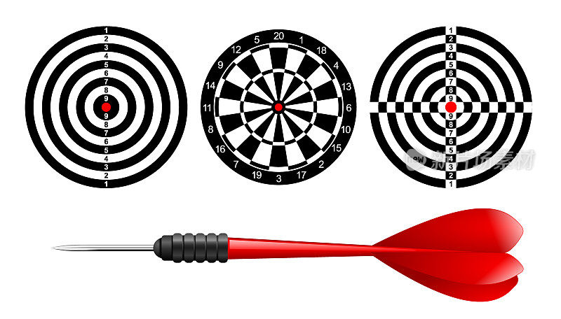 经典飞镖靶设置和飞镖红色箭头孤立在白色背景。矢量插图。黑白飞镖打印模板