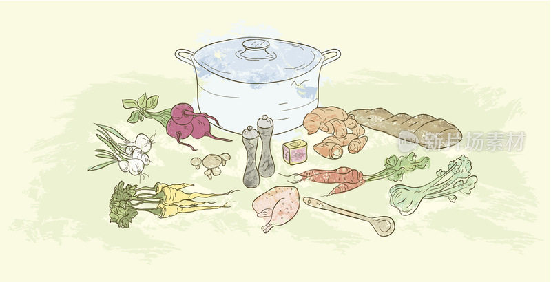 与制汤有关的煮锅、食物及配料