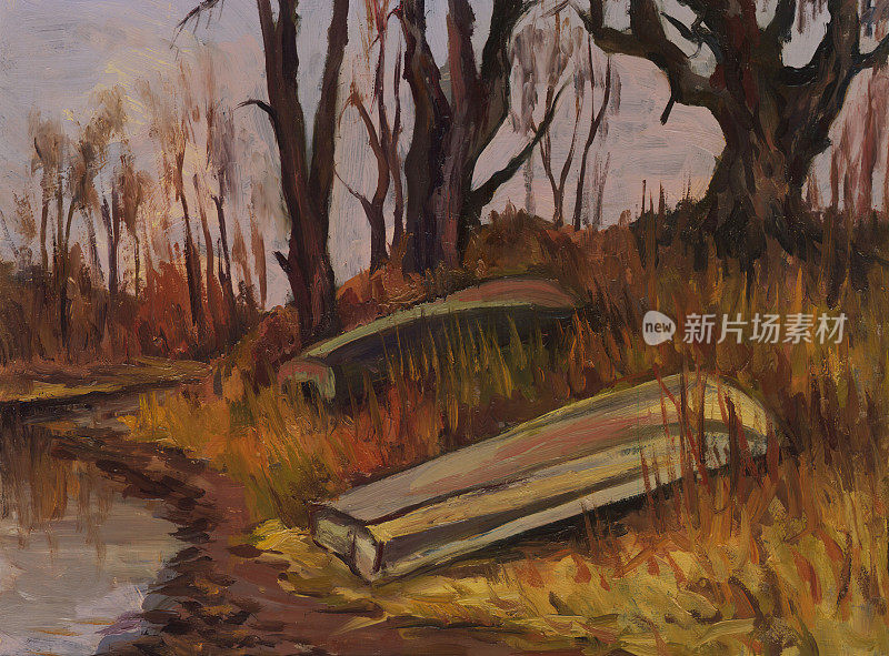 秋天，河堤上的小船。石油painting_1