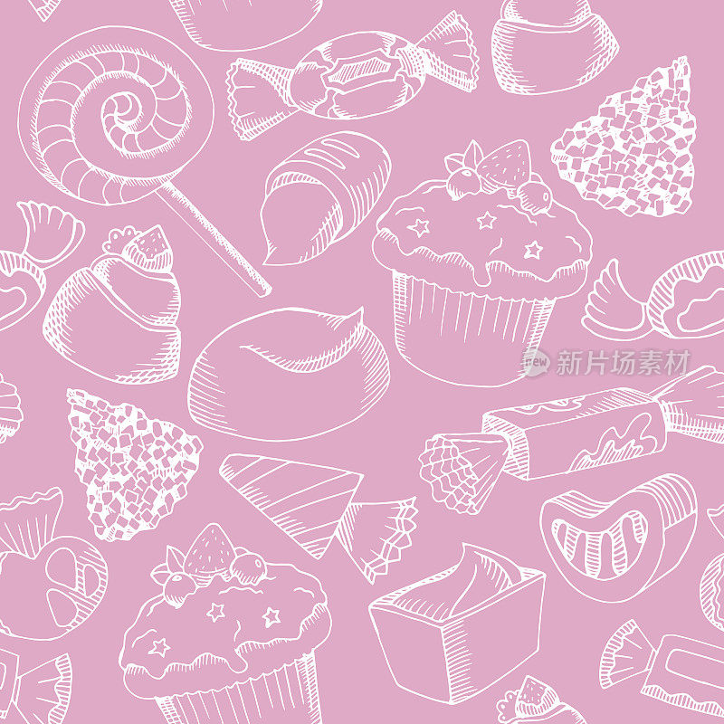 矢量可爱的糖果图案。粉色背景上的白色糖果图案。
