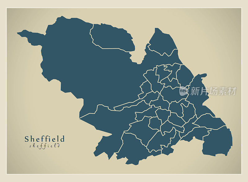 现代城市地图-谢菲尔德与所有病房英国插图