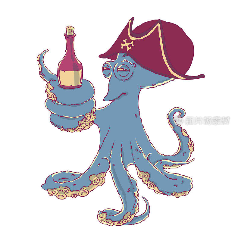 狡猾的章鱼海盗，触手里放着一瓶酒