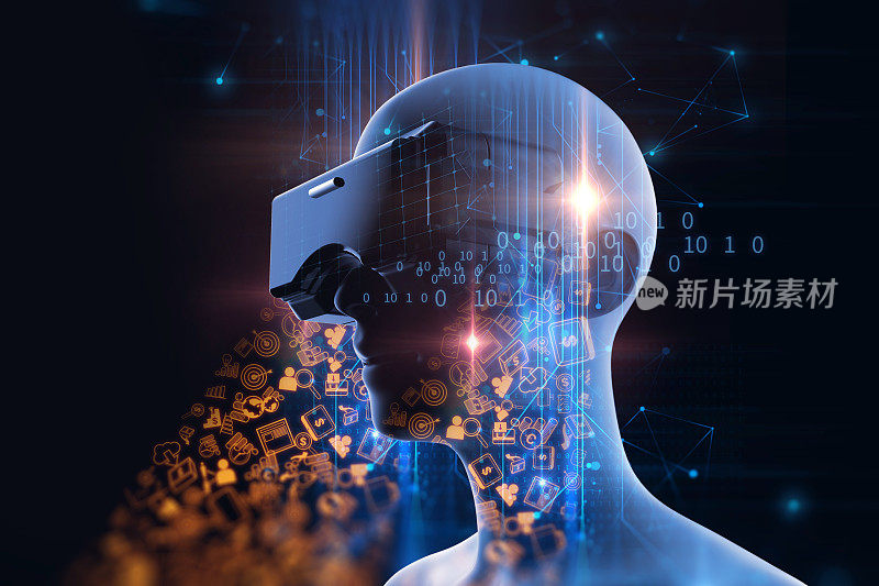 在未来技术上的VR头盔中的人类的3d渲染