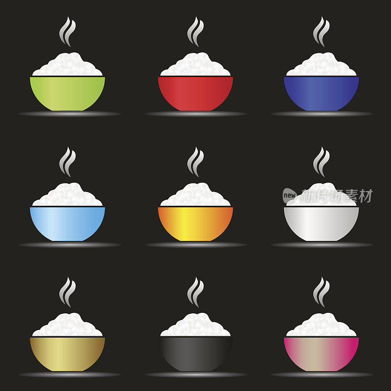 各种颜色的亚洲食物碗与热饭食物集简单图标eps10
