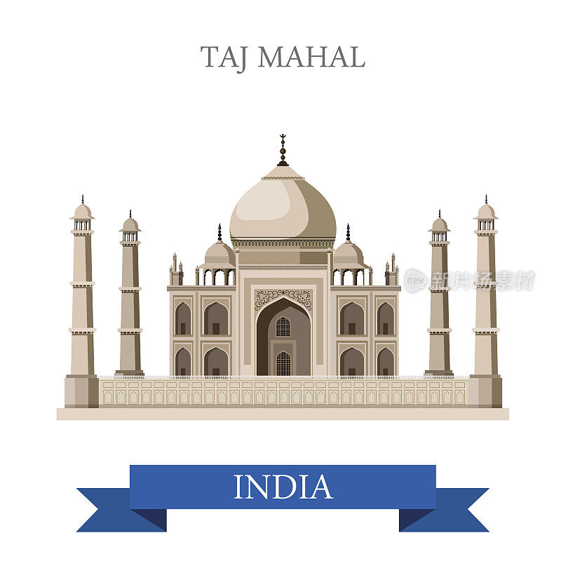 印度阿格拉的泰姬陵。平面卡通风格的历史景点展示景点网站矢量插图。世界各国城市度假旅游观光亚洲收藏。