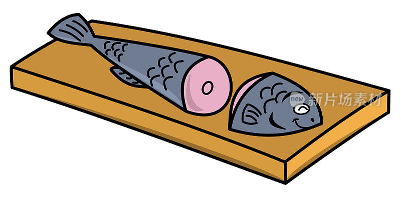 鱼在木板上切成两半