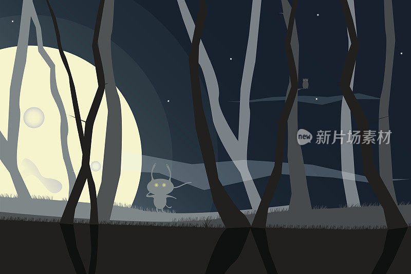 矢量框架从树上编织的树枝在夜空中满月