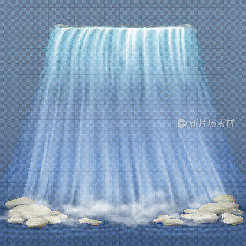 真实的瀑布与蓝色干净的水和石头，水急流矢量插图