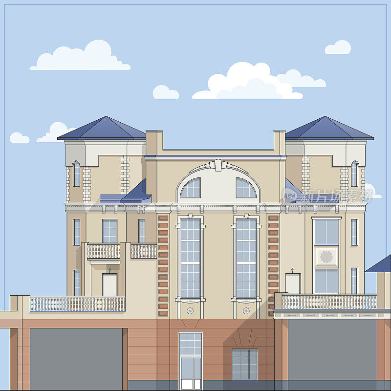 四层的大房子，米黄色的砖墙和蓝色的屋顶。以古典的风格。一个私人宅邸，一个传统的农舍，有着灰泥立面。详细的建筑设计。矢量图