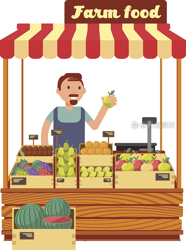 果蔬市场小店摊位用快乐的年轻农民人物平面矢量插图