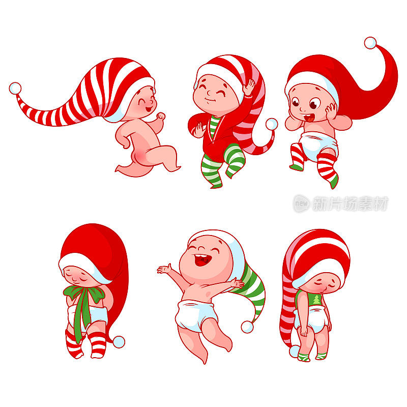不同情绪的圣诞宝宝穿着不同的节日服装。