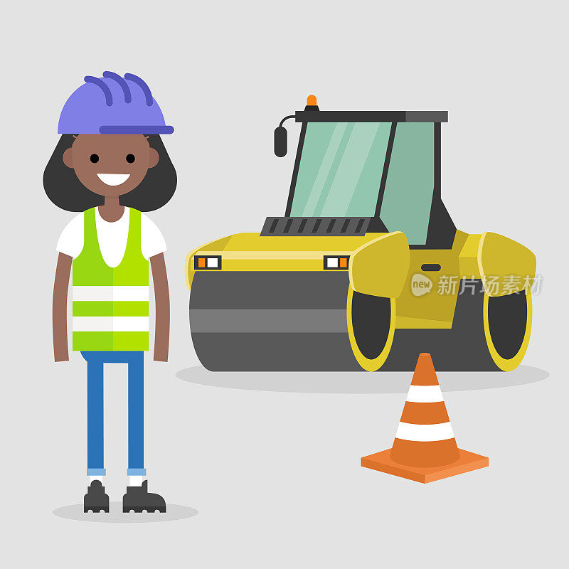 年轻的黑人女工程师戴着安全帽和反光背心。沥青铺路。工业插图。黄色压路机和橙色圆锥。平面矢量插图，剪辑艺术。
