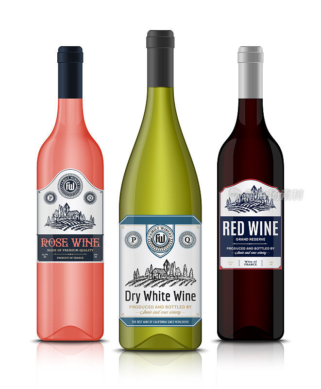 矢量复古红，白和玫瑰葡萄酒标签和酒瓶模型