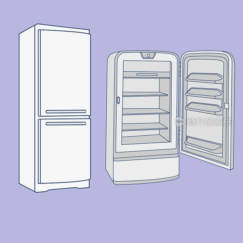 现代和复古冰箱的草图