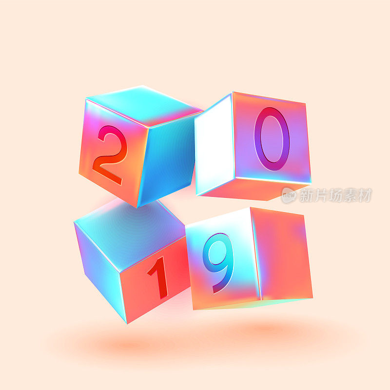 2019年新年数字立方。最小抽象艺术与几何形状时尚的背景与3d元素立方体。
