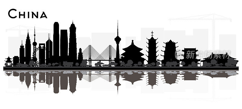中国城市的天际线黑白剪影与倒影。