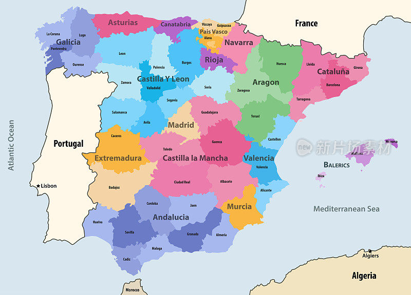 西班牙自治区和省与邻国和领土矢量地图