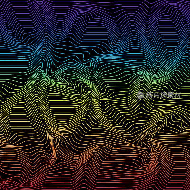 抽象曲线背景在黑色和彩虹的颜色，波模式