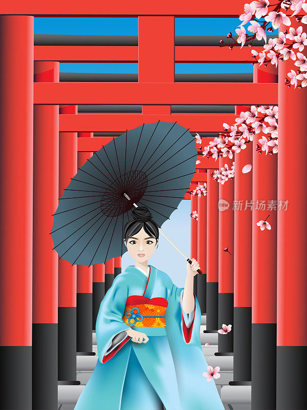 一个日本女孩在柱子之间行走