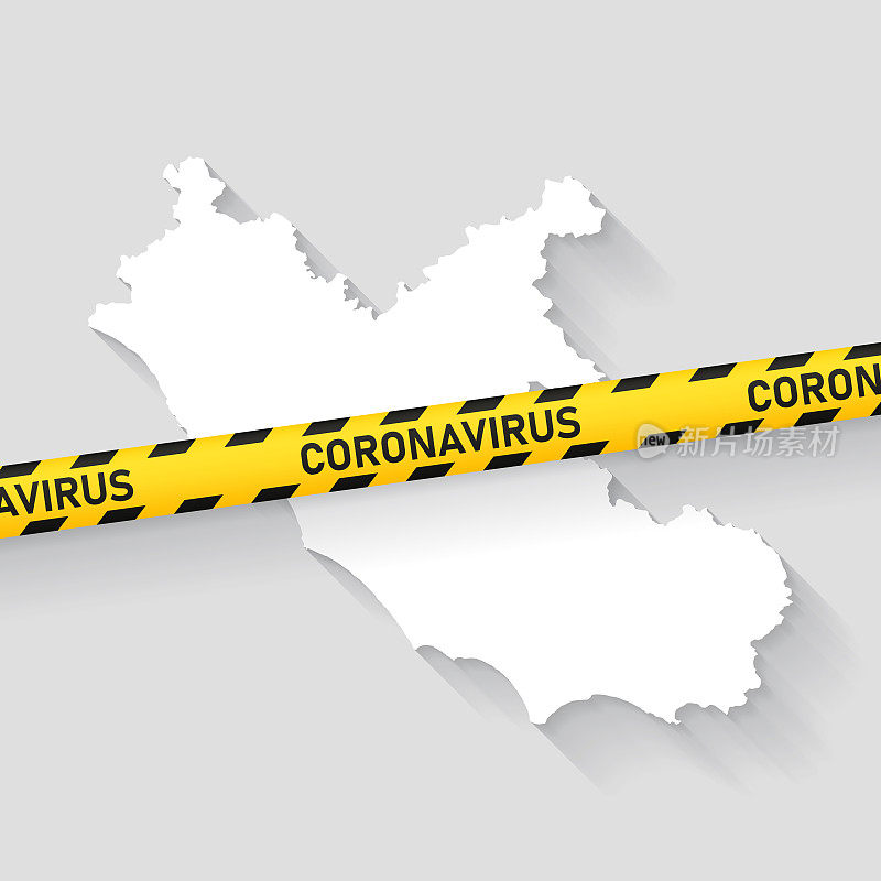 拉齐奥地图与冠状病毒警告胶带。Covid-19爆发