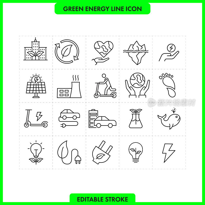 绿色能源线图标设置。可编辑的中风