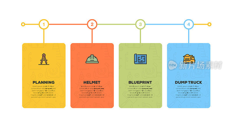 信息图表设计模板。规划，头盔，蓝图，倾卸卡车图标与4个选项或步骤。