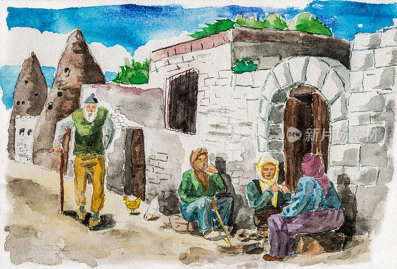 人们在戈雷米一条安静的街道上交谈。土耳其中部卡帕多西亚地区的一个小村庄。水彩画。