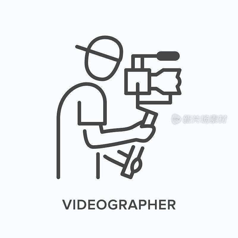视频博客平线图标。摄影人的矢量轮廓插图，摄像师持有斯坦尼康。摄影师细线形象形