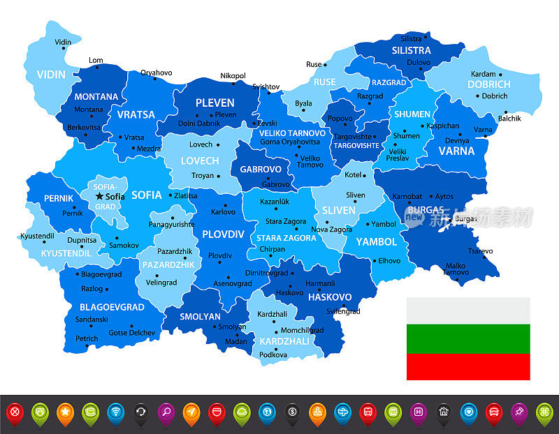 保加利亚地图与地区，导航图标和国旗