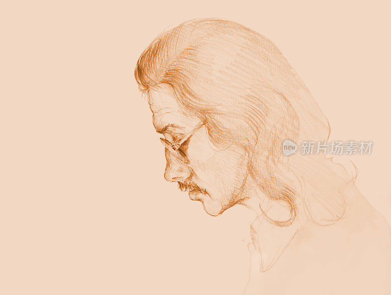 插图铅笔画肖像的男人在侧脸与长黑发和胡子戴眼镜在深褐色调的背景