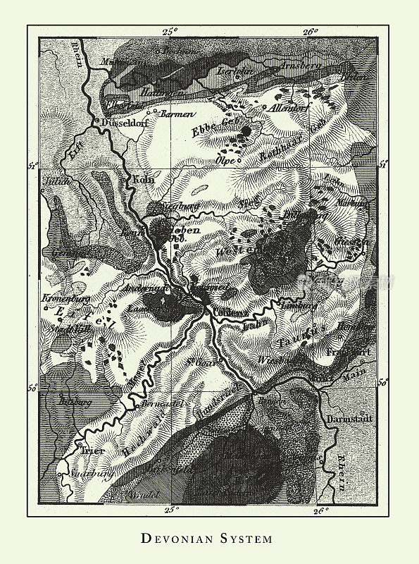 雕刻古玩，泥盆纪系统，特殊地质雕刻古玩插图，1851年出版