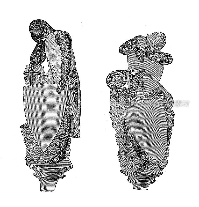 穿着锁子甲和盔甲的沉睡骑士，十三世纪，康斯坦斯圆顶圣墓礼拜堂的雕塑