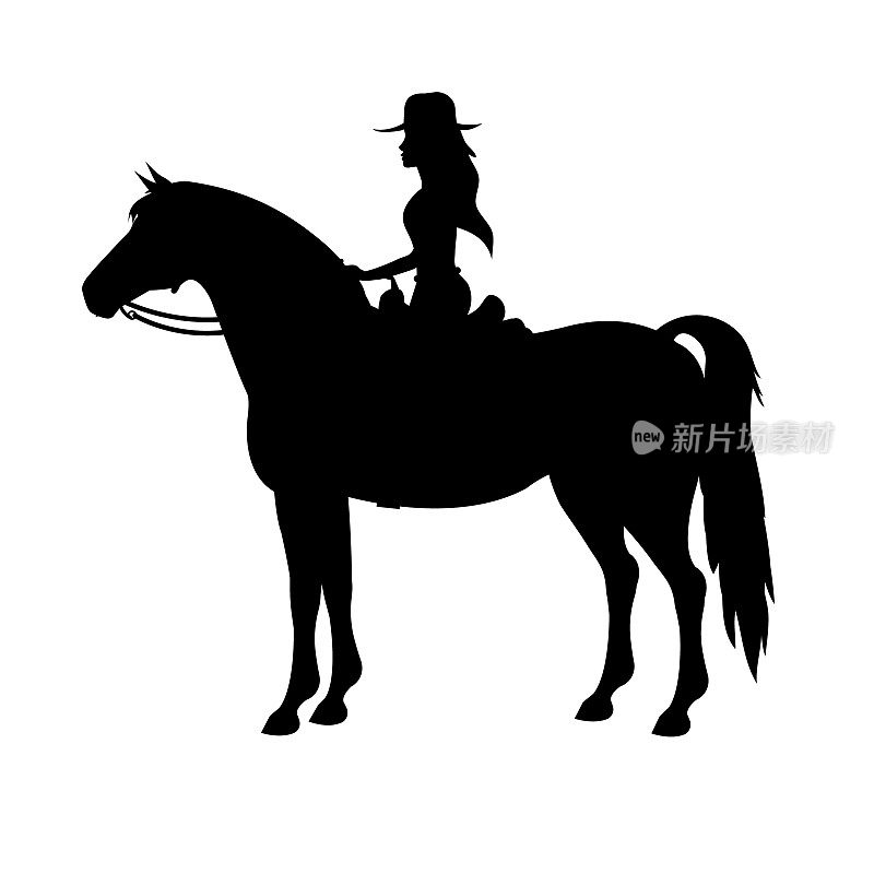 矢量西部牛仔女女骑跑马的剪影