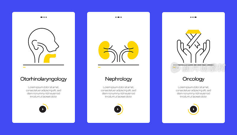 带图标的移动应用程序页面屏幕上的医疗保健和医疗概念。用户体验，用户界面设计模板矢量插图
