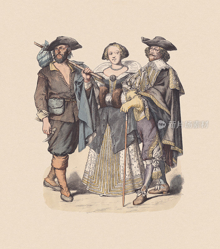 17世纪中期，法国服饰，手工着色木刻，大约1880年出版