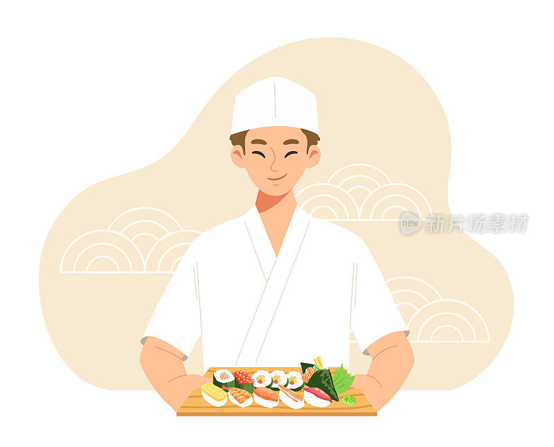 日本厨师微笑着拿着一套寿司。