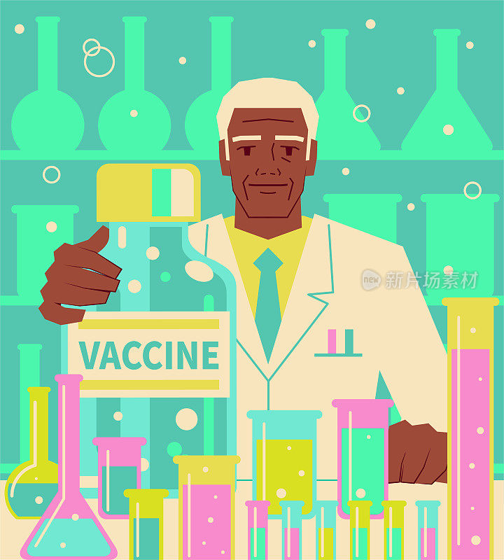 英俊的资深成年科学家(药剂师、医生、生化学家)在实验室开发大的COVID-19疫苗(或流感疫苗)