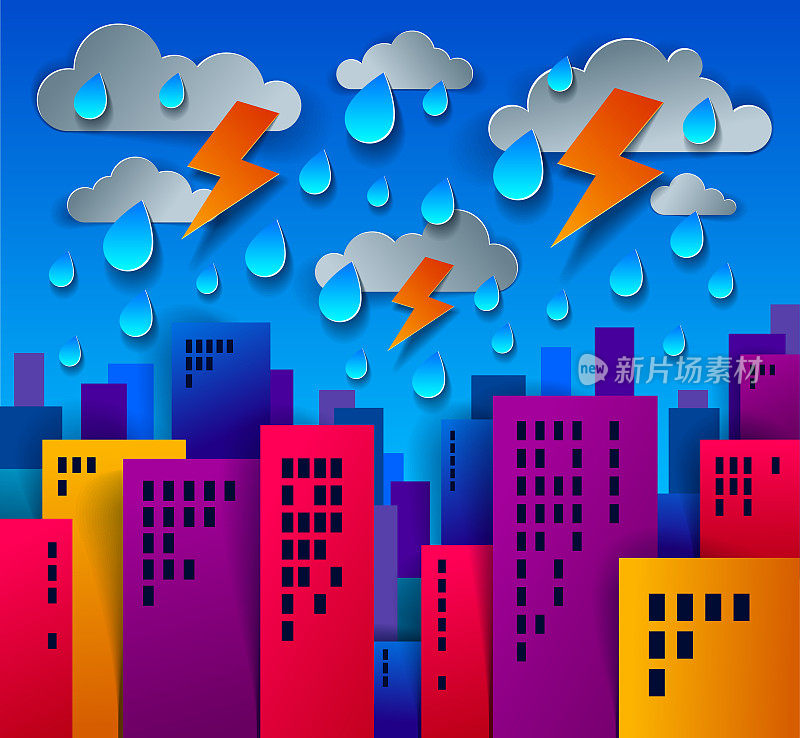 城市景观在雷雨和闪电卡通矢量插图剪纸儿童应用风格，高城市建筑房地产房屋和多云下雨的天空。