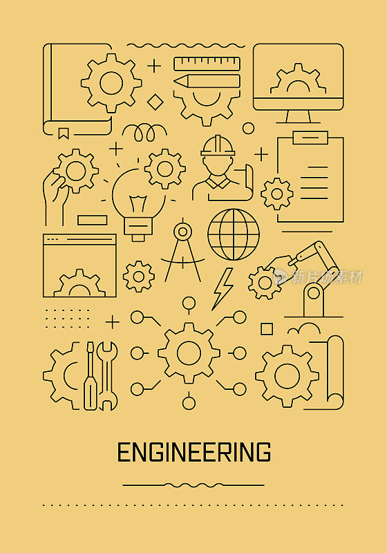 工程相关的现代线设计小册子，海报，传单，演示模板矢量插图