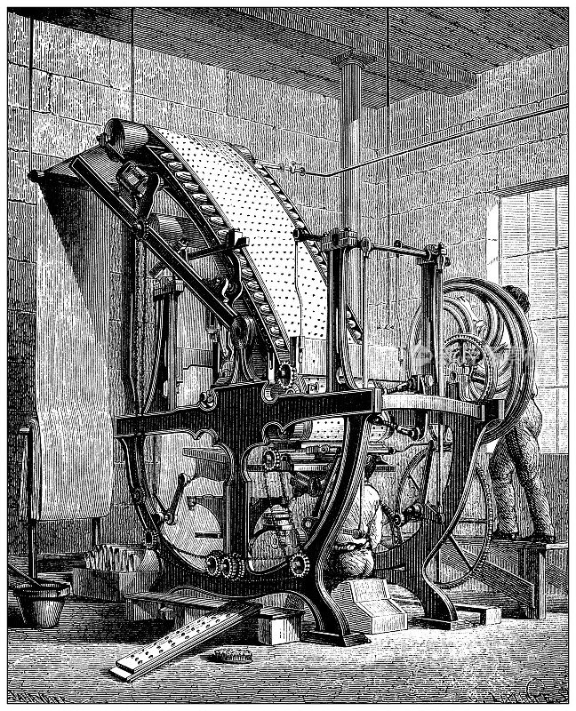 19世纪工业、技术和工艺的仿古插画:纺织和时尚工业，织物的染色、洗涤和印刷