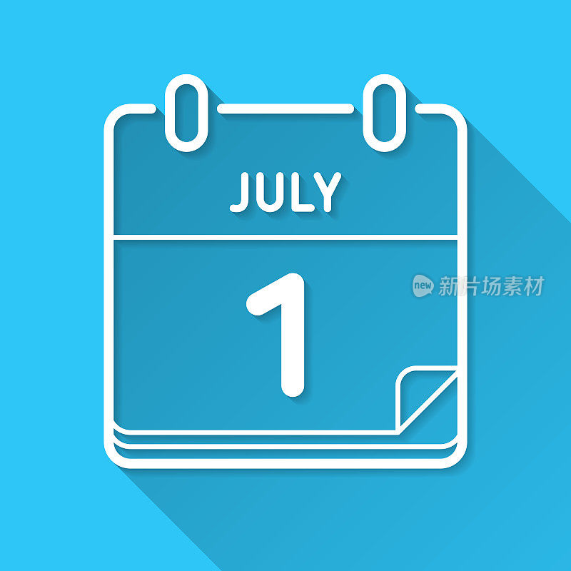 7月1日。蓝色背景上的图标-长阴影平面设计