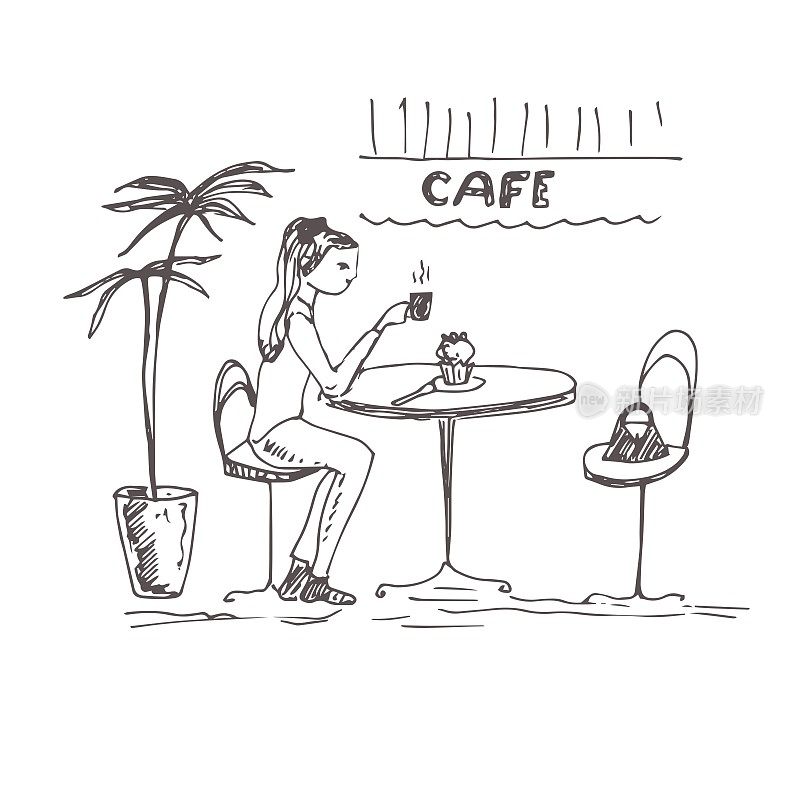 咖啡馆里的女孩边喝咖啡边吃纸杯蛋糕。矢量插图的甜蜜生活。