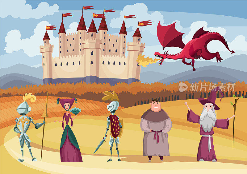 中世纪骑士全副武装，laydy，龙和其他童话中世纪城堡背景。卡通中世纪的历史时期。穿着戏服的中世纪王国人物