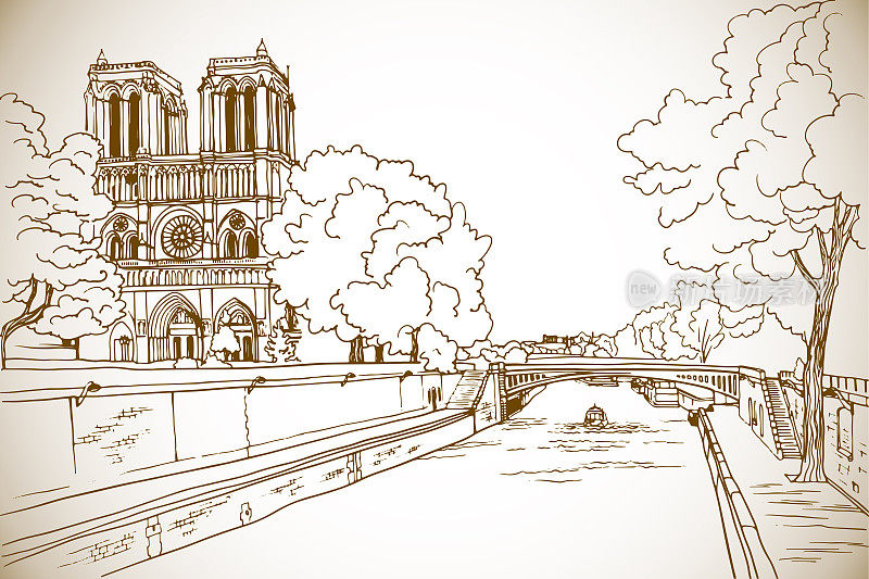 老巴黎、巴黎圣母院和塞纳河的美景。