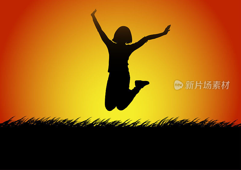 剪影快乐跳跃的女人与夕阳背景，矢量插图